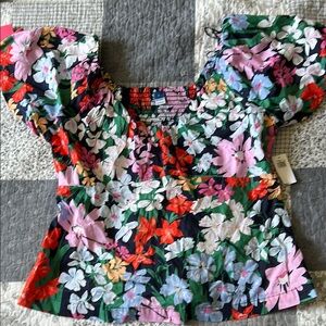 Old Navy Red and Pink Smocked Puff Sleeve Blouse